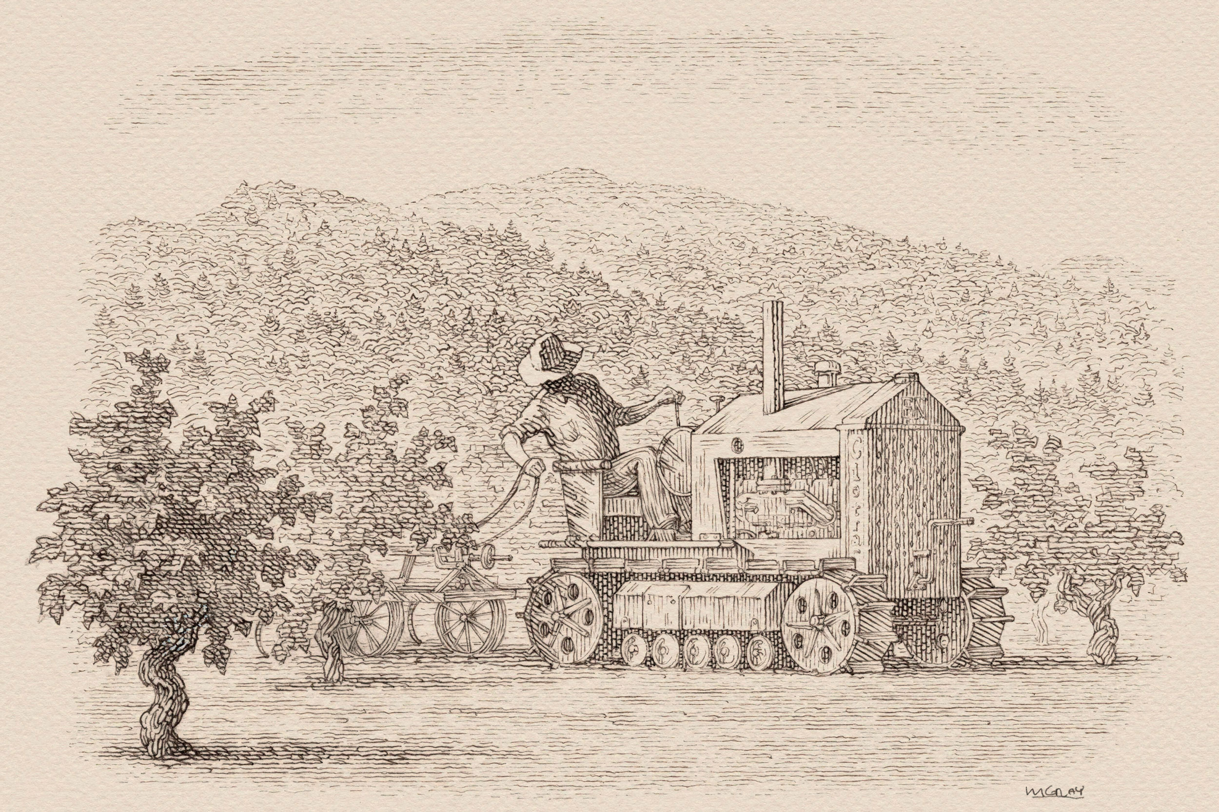 Morisoli Illustration of Tractor and Vines